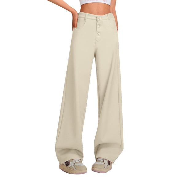 Sweatpants Women Low Rise Button Fly Sweatpants Loose Straight Wide Leg Banana Fit Casual Pants Beige L