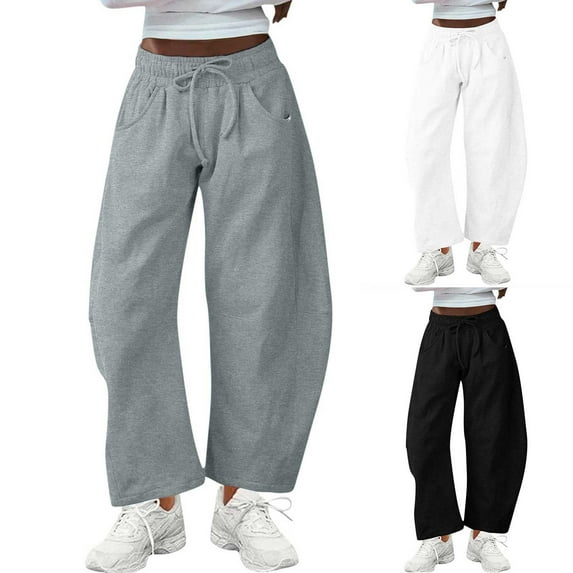 Sweatpants for Women with Pocket Plus Size Women's Solid Barrel Wide Leg Sweatpant Drawstring Elastic Waisted Wide Leg Pants Casual Trousers With Pockets Black XL
