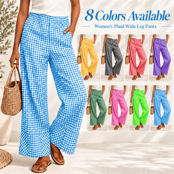 Sweatpants for Women with Pockets New Plaid Long Pants for Women Flowy Wide Leg Trousers with Pockets Elastic Waist Fashion Casual Versatile Daily Bottoms