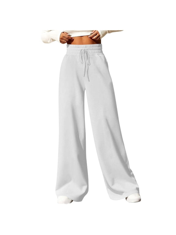 Sweatpants for Women Solid Color Casual Straight Tube Loose Drawstring Elastic Waist Sweatpants Long Pants Athletic Pants for Workout, Jogging, Running White S
