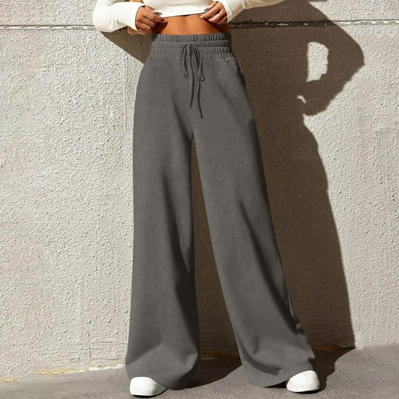 Sweatpants Women Solid Color Casual Straight Tube Loose Drawstring Elastic Waist Sweatpants Long Pants Women High Waisted Pants (Gray,XL)