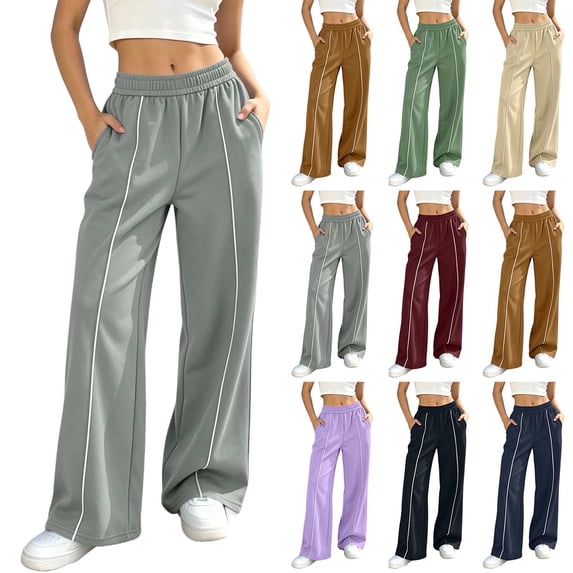Sweatpants Women Solid Color Elastic High Waist Wide Leg Trousers with Side Stripe and Pockets Comfortable for Home Wear