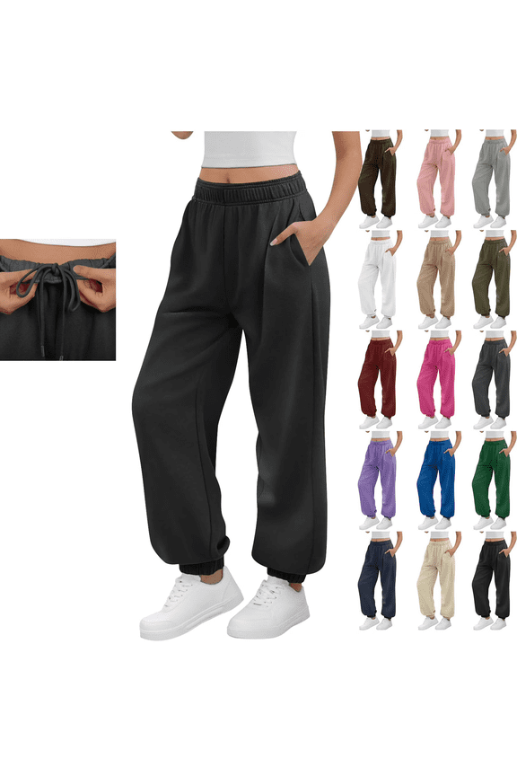 Sweatpants for Women Solid Color Elastic Waist Sports And Leisure Belt Pocket Threaded Ankle Pants Casual Trousers Long Straight Pants Sawvnm Black XXL