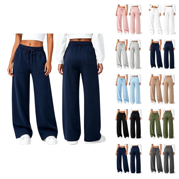 Sweatpants Women Solid Color Elastic Waist Wide Straight Leg Lightweight Casual Pants Fall Trousers with Pockets