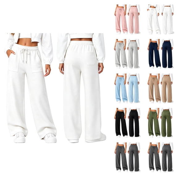 Sweatpants Women Solid Color Elastic Waist Wide Straight Leg Lightweight Casual Pants Fall Trousers with Pockets