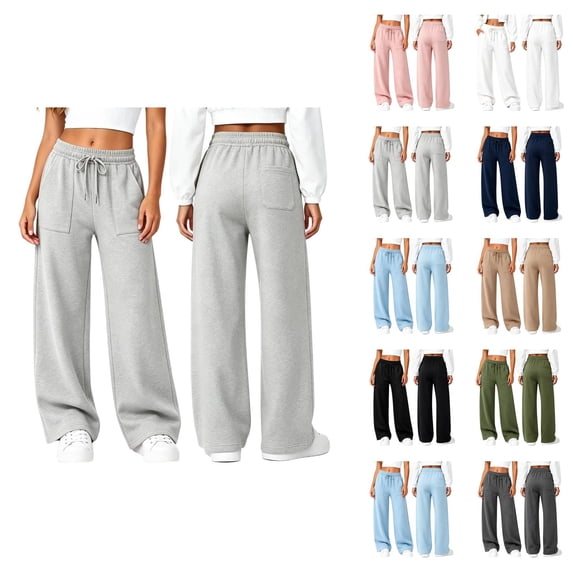 Sweatpants Women Solid Color Elastic Waist Wide Straight Leg Lightweight Casual Pants Fall Trousers with Pockets
