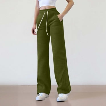 Sweatpants for Women Straight Leg High Waisted Pants with Pockets Dressy Casual Lounge Pants Drawstring Elastic Waist Solid Color Fall Fashion Trousers Sofy Comfy Bottoms, Army Green 2XL