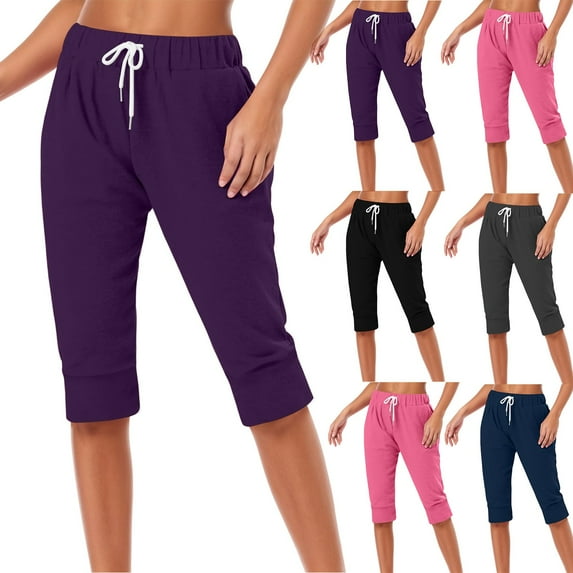 Sweatpants Women Summer Solid Drawstring Knit Capris Trouser Elastic Waist Navy Casual Lounge Pant XL