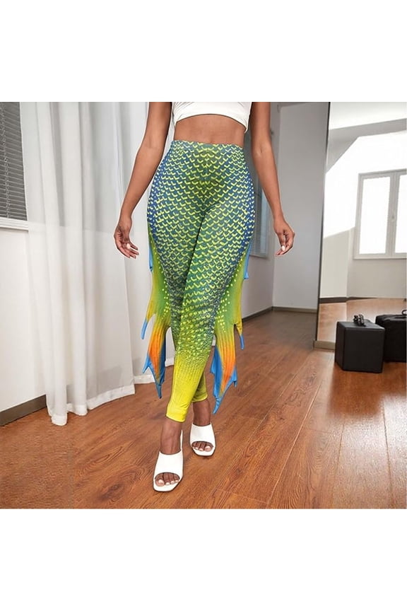 Sweatpants Women Underwater World Costume Women's Leggings Shiny Trousers Pants with Tulle Fish Scale Print Flared Trousers Dress Costume Dress