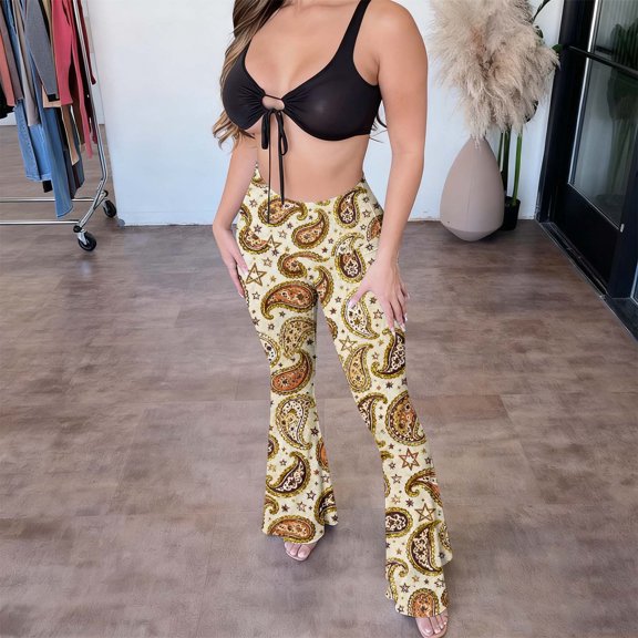 Sweatpants Women Wide Leg Cargo Pants Woman Women's Vintage Printed High Waisted Modern Tight Fitting Bag Hip Casual Plastic Flared Pants Long Pants,Beige,M