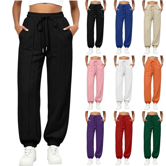 Sweatpants for Women Wide Leg Casual Elastic Waist Long Pants Women's Solid Color Casual Straight Leg Flared Elastic Waist Drawstring Pockets Sweatpants Black M