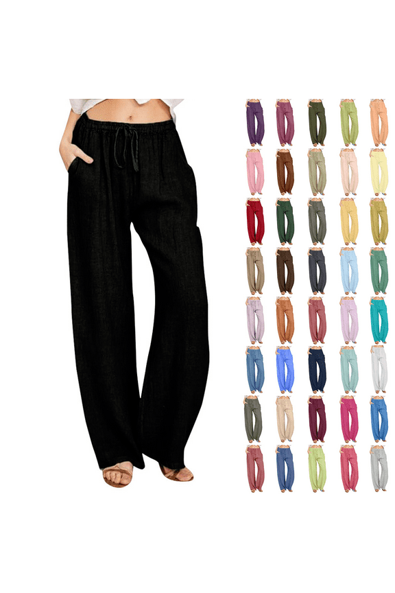 Clothes under $5.00 Wide Leg Pants for Women Lightweight Cotton Linen Drawstring Waist Loose Solid Color Lounge Trousers