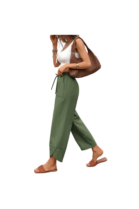 Sweatpants Women Womens Baggy Wide Leg Pants Drawstring Elastic Waisted Casual Cotton Linen Summer Beach Trousers Green M