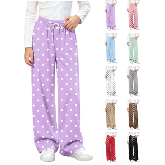 Sweatpants Women Zaewscy Girls' Polka Dot Drawstring Elastic Waist Wide Leg Casual Sweatpants Purple 14-15 Years