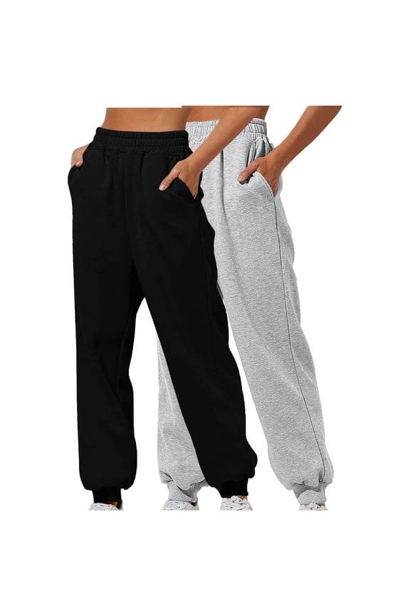 Sweatpants Womens 2 Pack Trousers Elastic Waist Jogging Bottoms Tapered Leg Running Sport Pants Lightweight Full Length Baggy Training Gym Joggers Pants Casual Lounge Wear