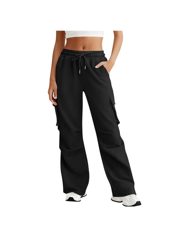 Sweatpants Womens Cargo Pants Fleece Lined Wide Leg Joggers Baggy Drawstring Sweat Pants with Pockets