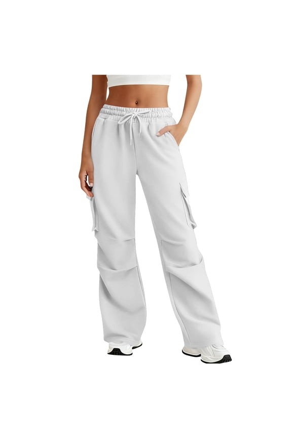 Sweatpants Womens Cargo Pants Fleece Lined Wide Leg Joggers Baggy Drawstring Sweat Pants with Pockets