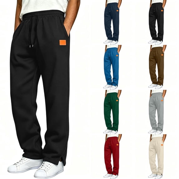 Sweatpants Zaewscy Men's Casual Straight-Leg Sweatpants With Side Slits Stylish Trendy Solid-Color Trousers Featuring A Leather Patch Black L
