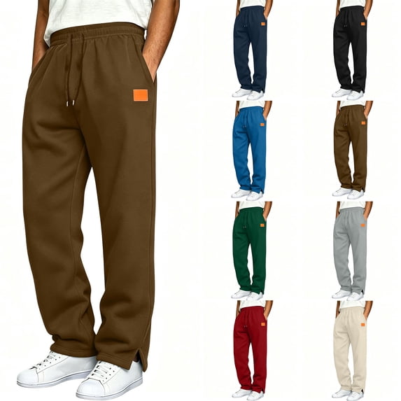 Sweatpants Zaewscy Men's Casual Straight-Leg Sweatpants With Side Slits Stylish Trendy Solid-Color Trousers Featuring A Leather Patch Brown L