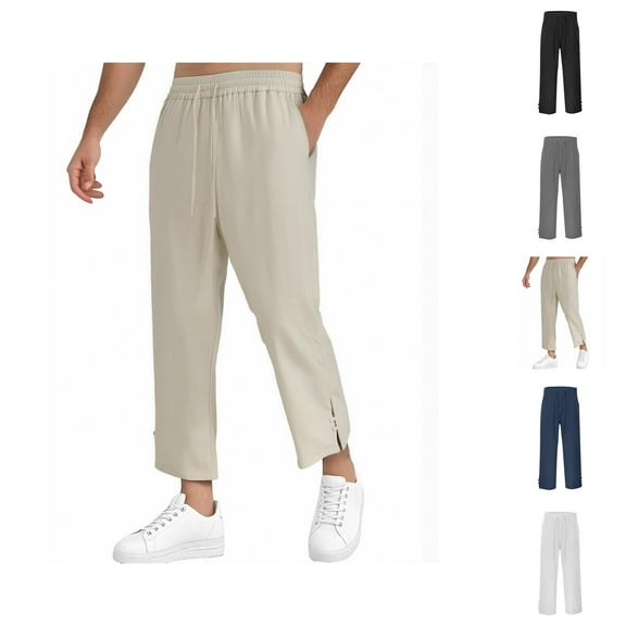 Sweatpants for Men 2025 Cotton Linen Loose Fit Straight Leg Drawstring Joggers with Pockets Mens Casual Pants Trousers