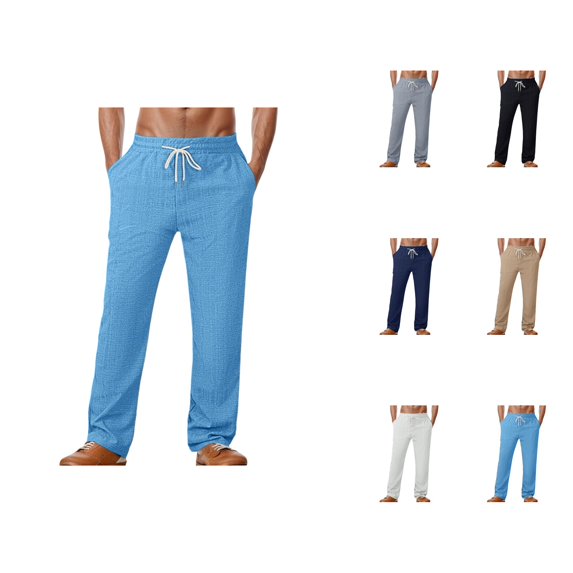 Sweatpants for Men 2025 Linen Breathable Straight Leg Loose Drawstring Joggers with Pockets Mens Casual Pants Trousers