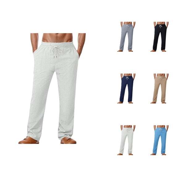 Sweatpants for Men 2025 Linen Breathable Straight Leg Loose Drawstring Joggers with Pockets Mens Casual Pants Trousers