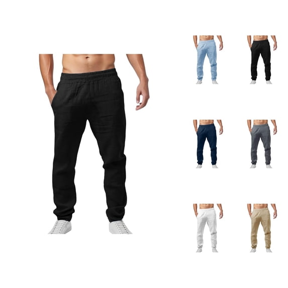 Sweatpants for Men 2025 Linen Straight Leg Loose Fit Elastic Waist Joggers with Pockets Mens Casual Pants Trousers