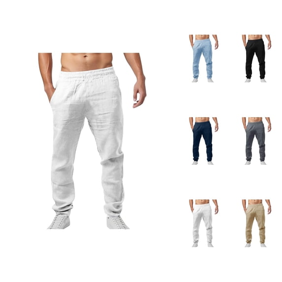 Sweatpants for Men 2025 Linen Straight Leg Loose Fit Elastic Waist Joggers with Pockets Mens Casual Pants Trousers