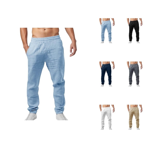 Sweatpants for Men 2025 Linen Straight Leg Loose Fit Elastic Waist Joggers with Pockets Mens Casual Pants Trousers
