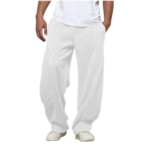 Sweatpants for Men Casual Baggy Track Pants Solid Color Open Bottom Trousers with Pockets, White, L