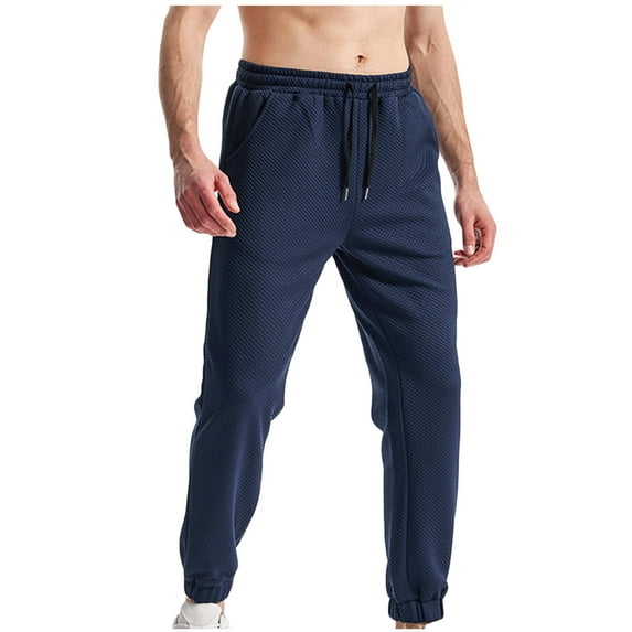 Sweatpants for Men Joggers Drawstring Elastic Waist Jogger Pants with Pockets Male Solid Color Workout Running Fleece Sweat Pants, Navy, L