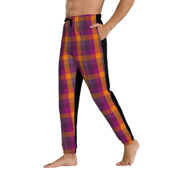 Sweatpants for Men - Purple Yellow Buffalo Plaid Adjustable Elastic Band Mens Joggers With Pockets, Athletic Workout Gym Casual Track Pants for Men