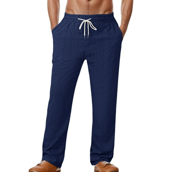 Sweatpants for Men,Trousers Imitation Linen Checkered Design Casual Beach Pants for Loose Straight Fit,Uncuffed Sweatpants Men,05 Navy,M