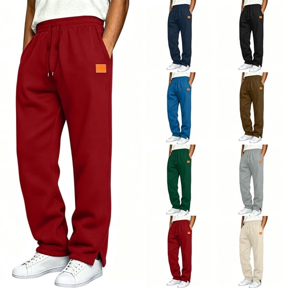 Sweatpants for Men Zaewscy Men's Casual Straight-Leg Sweatpants With Side Slits Stylish Trendy Solid-Color Trousers Featuring A Leather Patch Red XXL