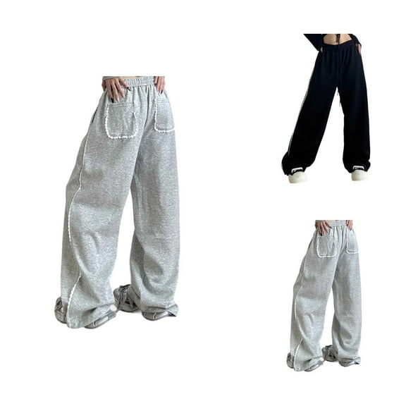 Sweatpants for Women 2025 High Waisted Straight Leg Lace Trim Wide Leg Workout Pants with Pockets Casual Trousers