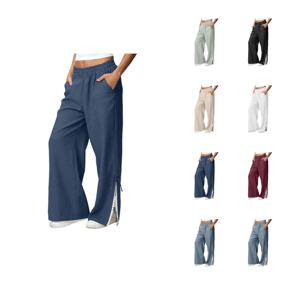 Sweatpants for Women 2026 Spring Fall Elastic Waist Wide Leg Lace Side Split Hem Casual Loose Sweat Pants with Pockets