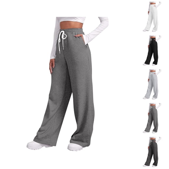 Sweatpants for Women Casual Elastic High Waist Drawstring Wide Straight Leg Sweat Pants with Zipper Pockets Loose Trousers