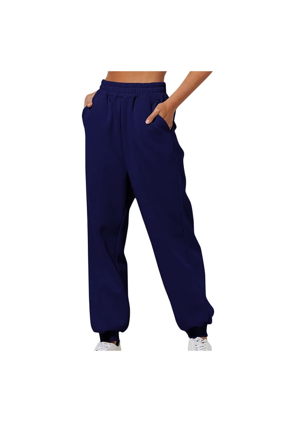 Sweatpants for Women Cotton Loose High Rise Pockets Cozy Cinch Bottom Plus Size Workout Sports Jogging Pants (Medium, Dark Blue)