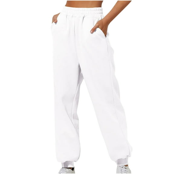 Sweatpants for Women Cotton Loose High Rise Pockets Cozy Cinch Bottom Plus Size Workout Sports Jogging Pants (X-Large, White)