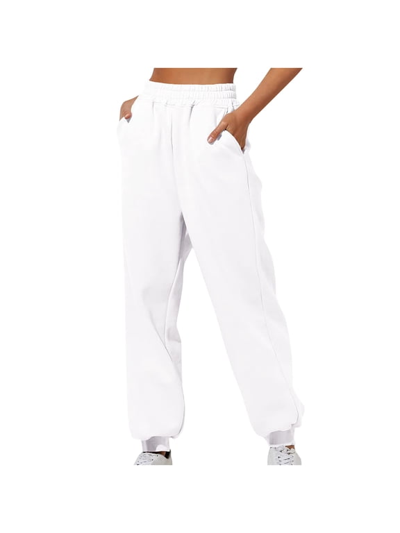 Sweatpants for Women Cotton Loose High Rise Pockets Cozy Cinch Bottom Plus Size Workout Sports Jogging Pants (X-Large, White)