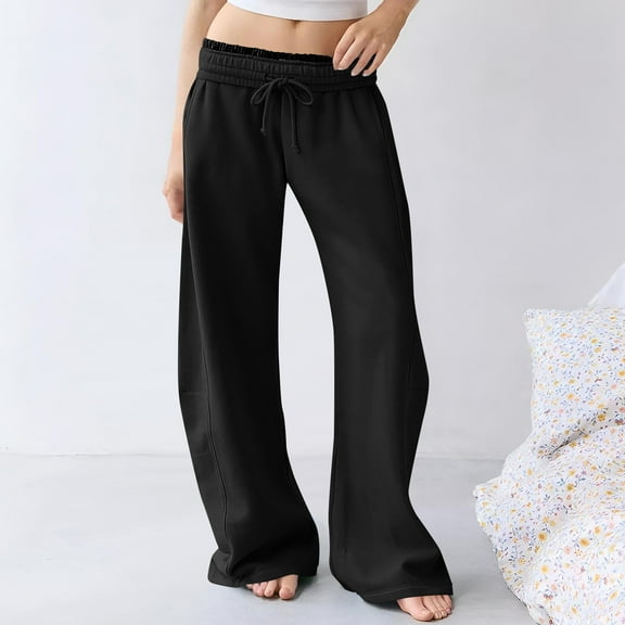 Sweatpants for Women Drawstring Elastic-Waist Pocket Solid Color Baggy Wide-Leg Pants Casual Pants,Pants for Women Black L