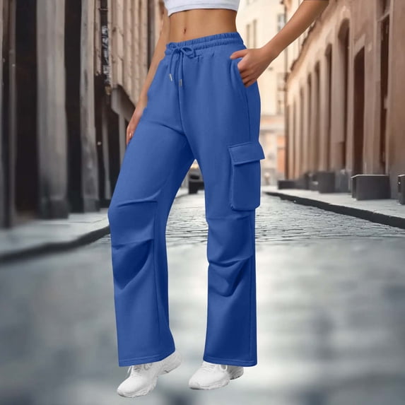 Sweatpants for Women Drawstring Elastic Waist Sports Multi-Pocket Casual Solid Color Cargo Joggers Sweatpants,Pants for Women Blue S