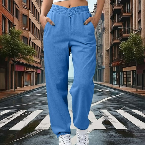 Sweatpants for Women Elastic Waist Pocket Solid Color Leisure Sports Casual Drawstring Sweatpants,Pants for Women Blue M