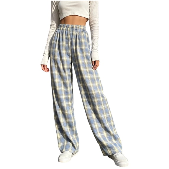 Sweatpants for Women Fashion Women Casual High Waist Pants Pants Comfortable Casual Pants Plaid Straight Leg Pants Light Blue Free Size