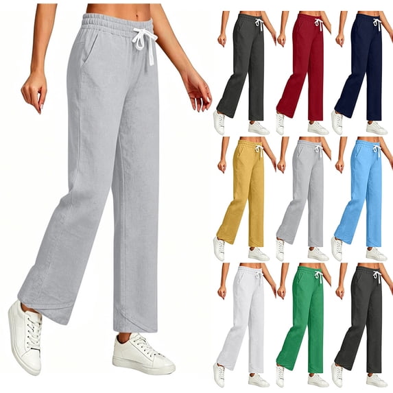 Sweatpants for Women High Waisted Cotton Linen Drawstring Elastic Waist Trousers with Pockets for Streetwear Casual Outings