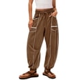 thumbnail image 1 of Sweatpants for Women High Waisted Wide Leg Lounge Pants Fall Drawstring Waist Contrast Patchwork Pants with Pockets, 1 of 8