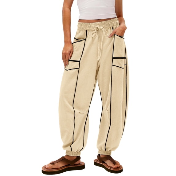 Sweatpants for Women High Waisted Wide Leg Lounge Pants Fall Drawstring Waist Contrast Patchwork Pants with Pockets