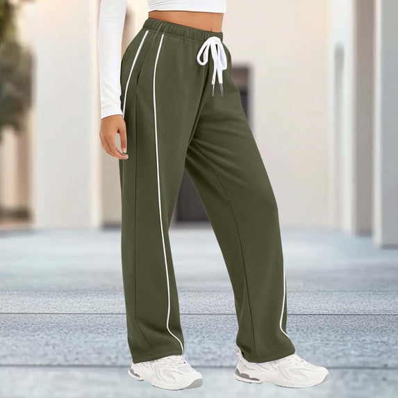 Sweatpants for Women High Waisted Wide Leg Side Striped Elastic Drawstring Full Length Trouser with Pockets