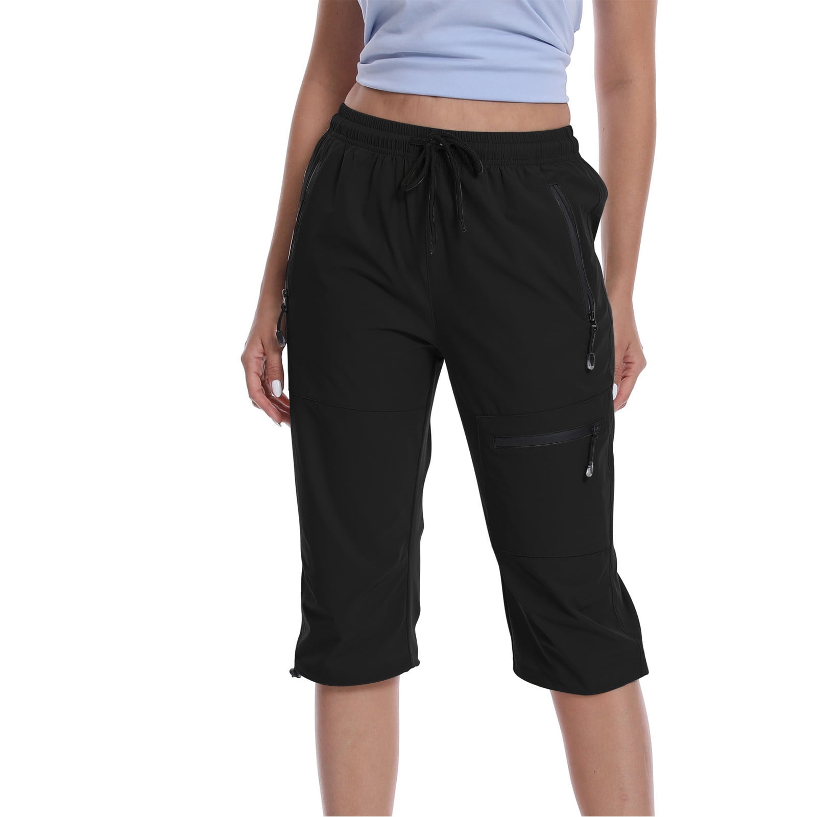 Sweatpants for Women Knee Length Capri Jogger Pants with Zipper Pockets  Drawstring Loose Casual Workout Sportwear (Small, Black) 