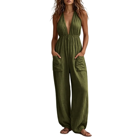 Sweatpants for Women Loose New Womens Halter V-Neck Jumpsuits Casual Wide Leg Sleeveless Overalls High Waist Flowy Vacation One Piece Set
